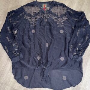 Johnny Was Silk Embroidered Lace Blouse Gray Boho Tie Front Top Large